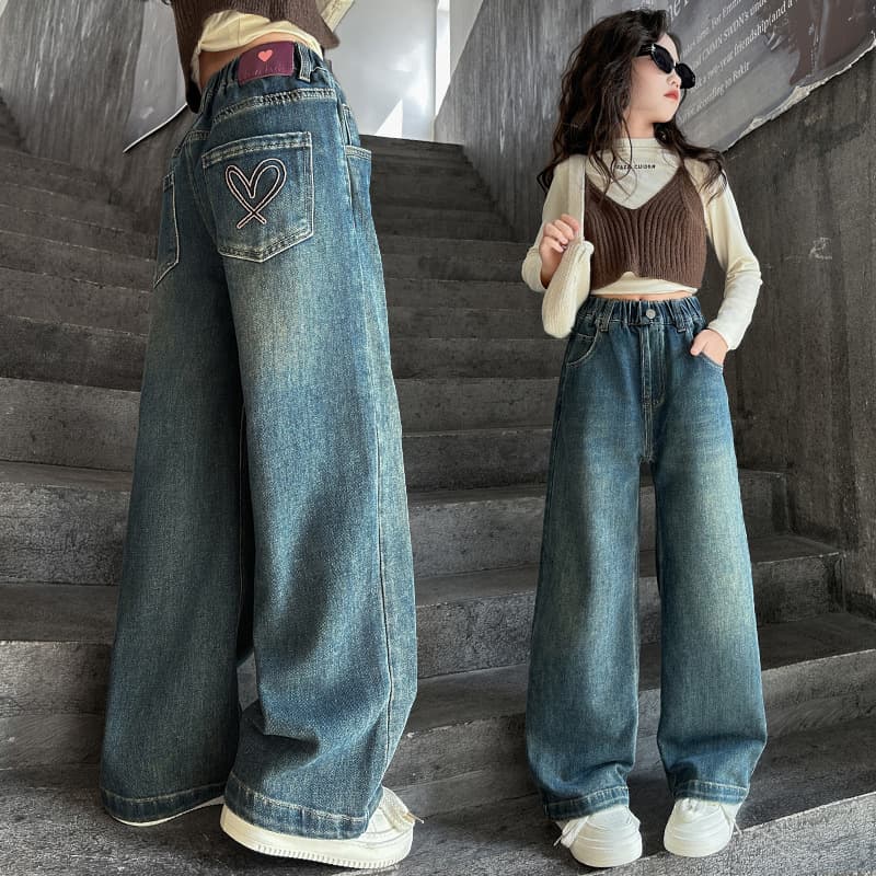 Girls' Spring/Autumn Jeans 2025 New Big & Medium Children Autumn Korean Stylish Loose Straight-Leg Girls' Wide-Leg Pants