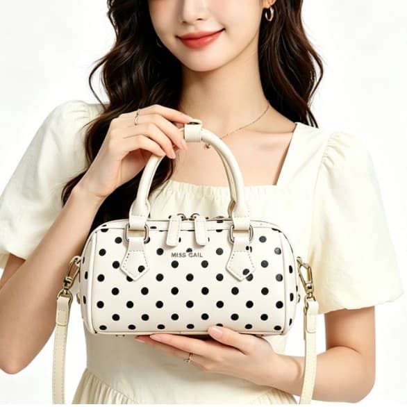 French-Style Black and White Polka Dot Mini Boston Handbag, Sweet Girl's Versatile Crossbody Cylindrical Bag, Exquisite Commuter Bag for Women