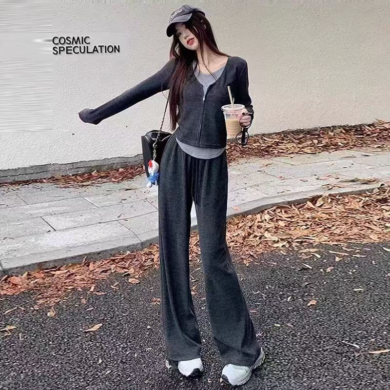 Casual Sportswear Set for Women Fall 2024 New Style Salted Aesthetic Youthful Viral Hoodie and Wide-Leg Pants Two-Piece Set