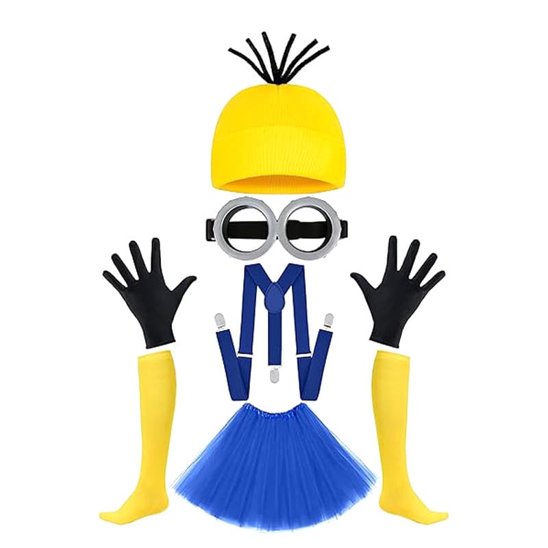 Minion glasses, knitted hat, gloves, dress-up set, Halloween Minion eyes, props, mesh skirt, complete set