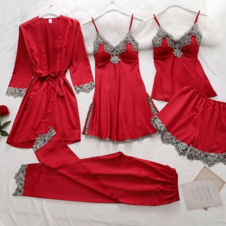 Cross-border Source Silk-like Pajamas, Lingerie Five-Piece Set, Sexy Camisole Women's Loungewear European and American Sleepwear