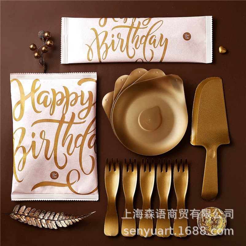 Metallic "Happy Birthday" Droplet Disposable Plates, Knives, Forks, Spoons, and Dessert Utensil Sets for Party Supplies