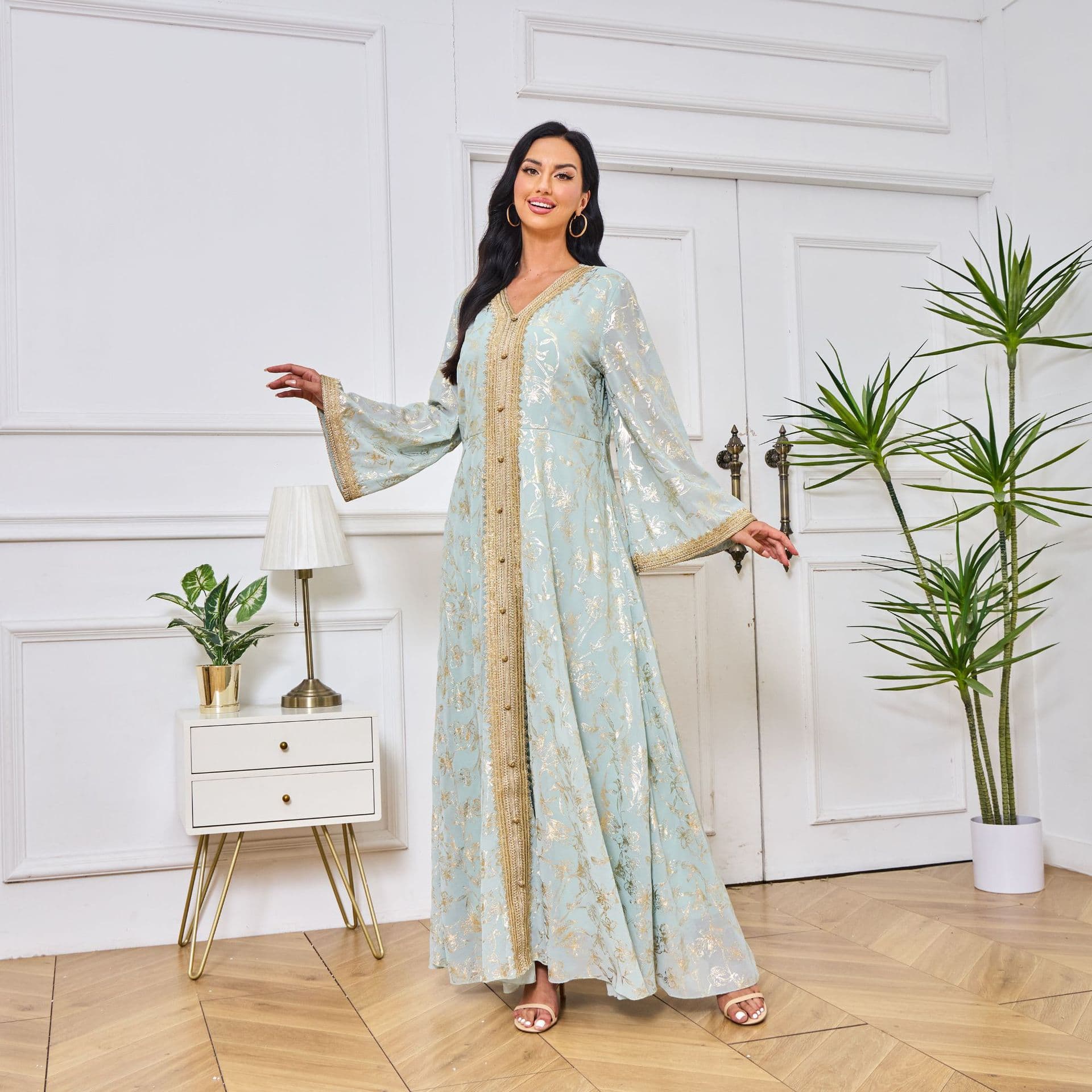 MT084 Women's Evening Dress Gown with Foil Print and Fashionable Long Robe for Export