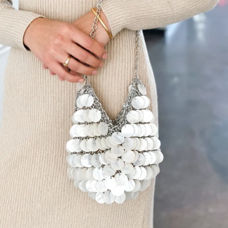 Natural Mother-of-Pearl Handmade Beaded Bag Milky White Shell Sequin Chain Shoulder Bag Women's Niche Design Evening Bag