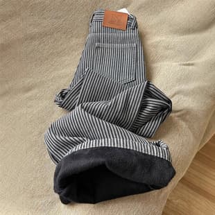 American Retro Fleece-Lined Black Gray Stripe Wide-Leg Jeans Women Autumn Winter Loose High-Waist Straight Leg Floor-Length Pants Trendy