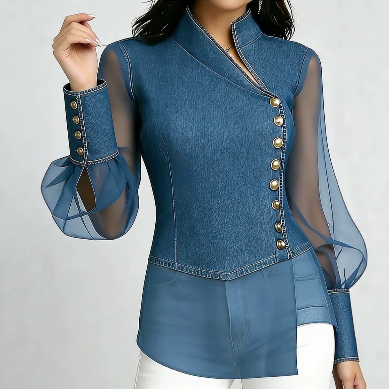 Cross-border European and American Style Denim Mesh Panel Long Sleeve Top for Women, Slant Front Stand Collar Metal Button Waist-Cinched Asymmetric Hem