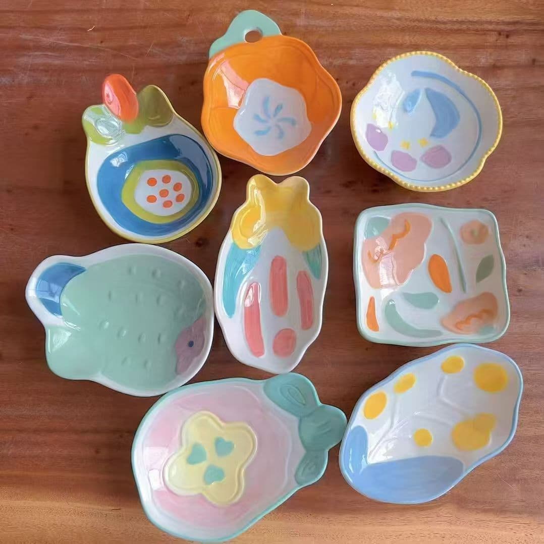 Cute Dim Sum Plate Fruit and Vegetable Small Plate Snack Dish Pretty Afternoon Tea Underglaze Color Women's High-Foot Fried Chicken Plate French Fries