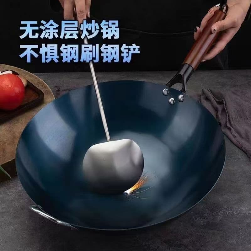 Traditional Hand-forged Round Bottom Wok, Home Use Iron Stir-fry Pan, Seasoned Iron Pot without Coating, Non-Stick Pre-seasoned Wok