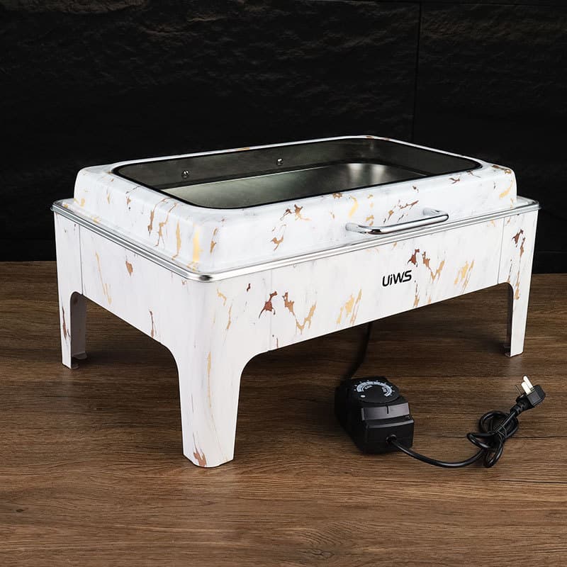 Light luxury style stainless steel rectangular buffet stove with visible hydraulic cover heating container marble pattern Buffet stove