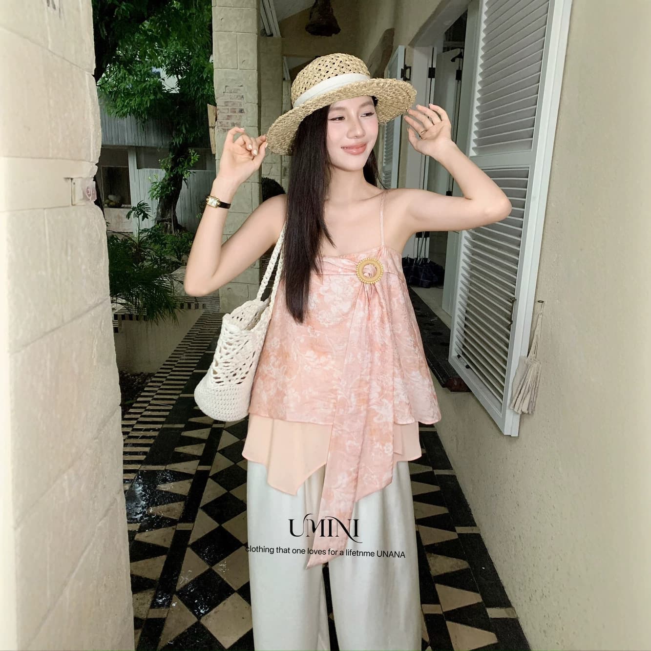U+MINI Shisanhang UNANA New F9237 Vacation Style Relaxed Ribbon Design Printed Blouse Camisole