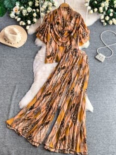 French Light Mature Style Chic Elegant Draped Neck Ruffled Sleeve Blouse + Casual High-Waist Slimming Wide-Leg Long Pants Two-Piece Set