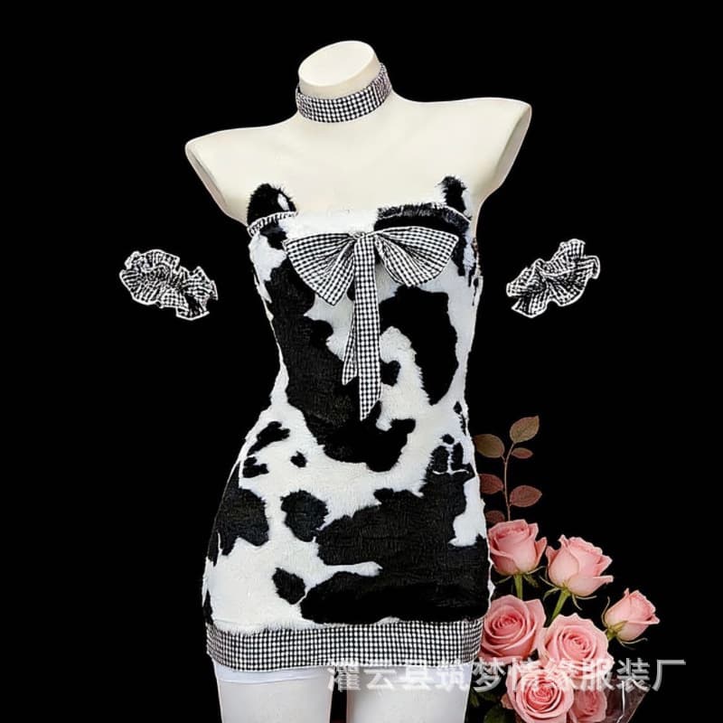 New Sexy Lingerie Black and White Cow Bear Pure Desire Dress QQNY Wrap Chest Temptation Sleepwear Uniform