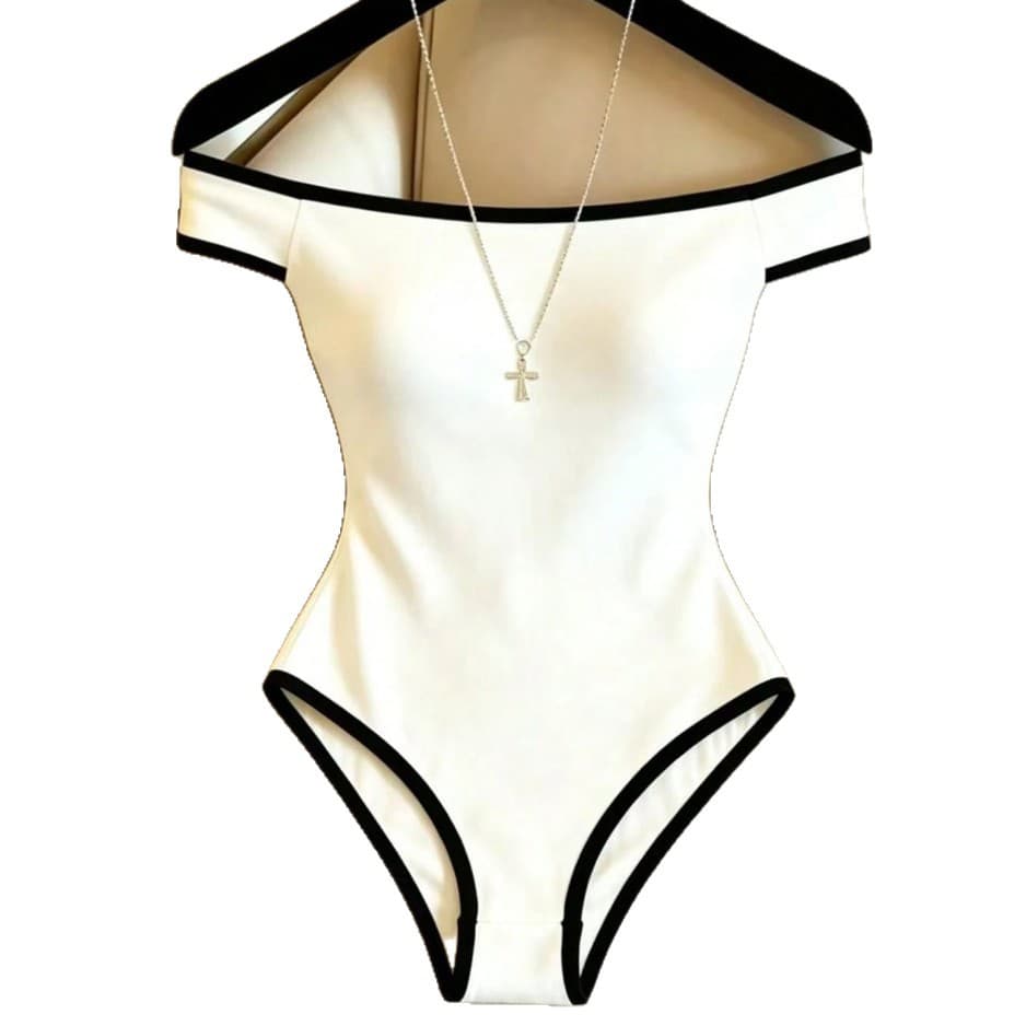 European and American Cross-border One-Shoulder Off-Shoulder Top Retro Simple Contrast Color Strap Splicing Slim Bodysuit