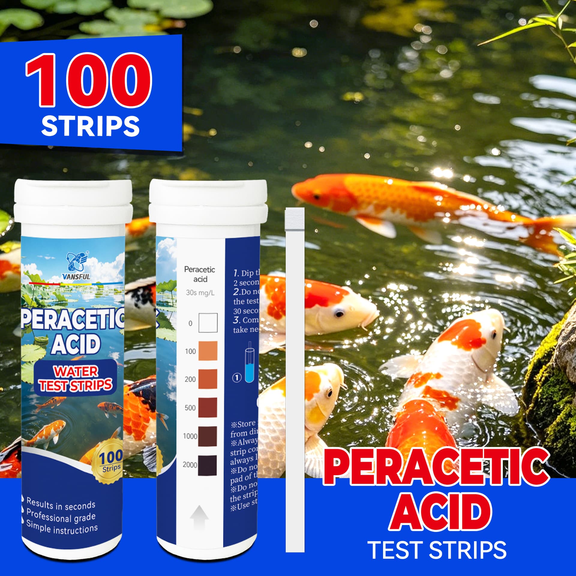 Peracetic Acid Water Test Strips 0-2000ppm Rapid Concentration Test for Aquariums, Fish Ponds, and Aquaculture Water