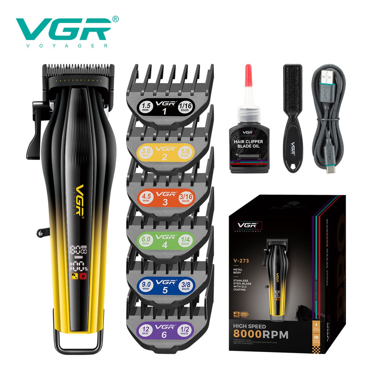 VGR273 New Cross-Border Electric Hair Clipper with LCD Digital Display, Professional Salon Hair Trimmer, Rechargeable Gradient Color Hair Clipper