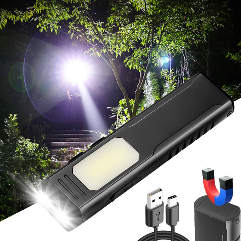 New LED Strong Light Portable Flashlight COB Multi-function with Buzzer, USB Charging Work Light with Magnet