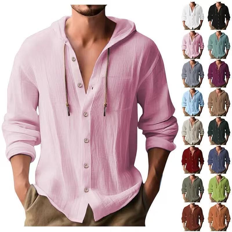 Cross-border Europe and America 2025 New Hot-selling Sports Trendy Hooded T-shirt Solid Color Cotton Linen Casual Long-sleeve Men's Shirt