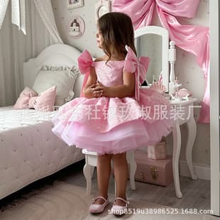 Luxury Birthday Princess Dress for 1-Year-Old Girl Pink Flower Girl Host Walk Show Trendy