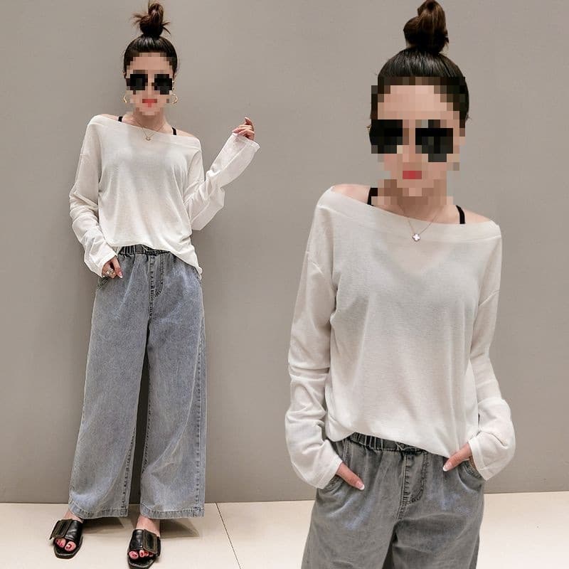 Spring/Autumn Off-Shoulder Long Sleeve Knitted Sun Protection Shirt, Loose Plus Size See-Through Air Conditioning Cardigan, Versatile Top for Women