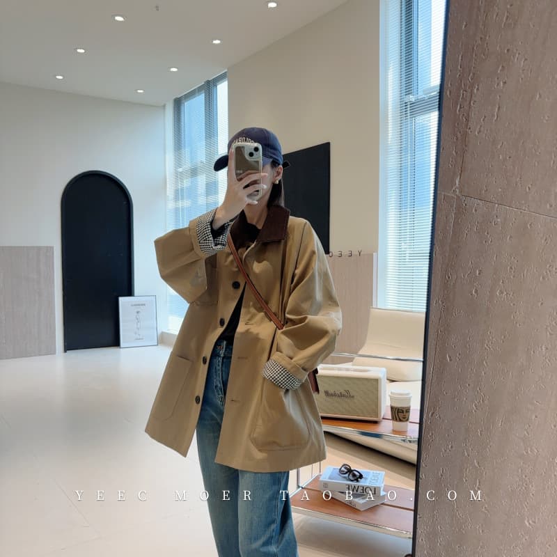 Prague Autumn Full Cotton Oversized Mid-Length Trench Coat for Petite Figures Color-Block Loose Fit Jacket