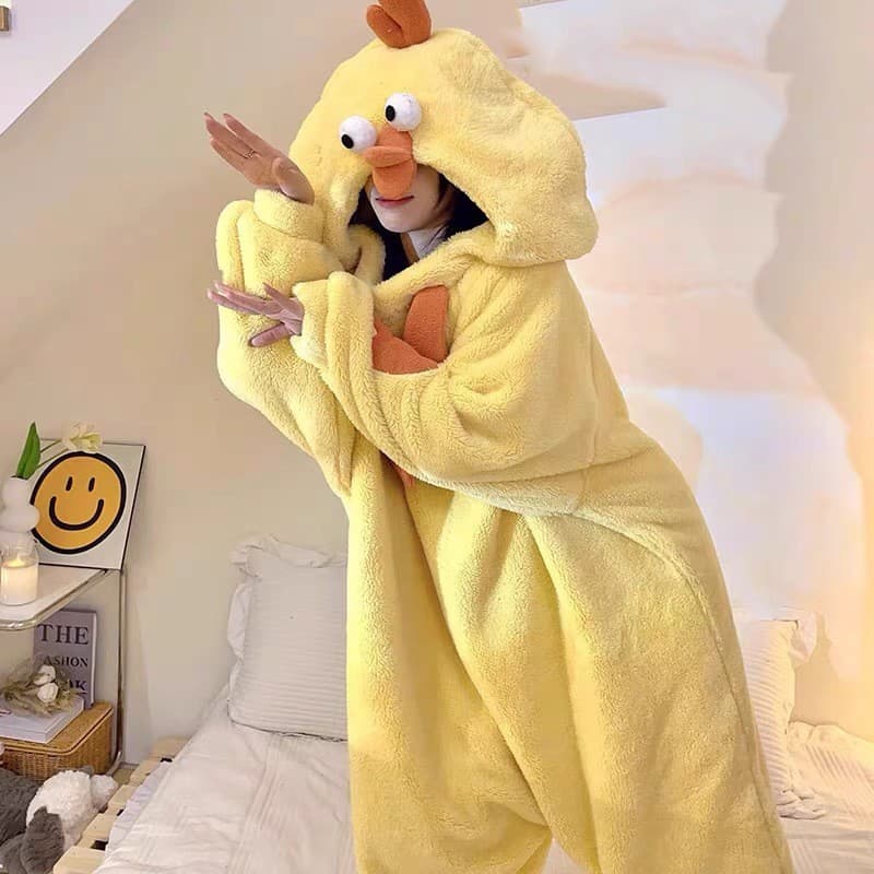 Little Yellow Chicken Onesie Pajamas Autumn Winter Coral Fleece Funny Cartoon Sleepwear Home Wear Couple Style