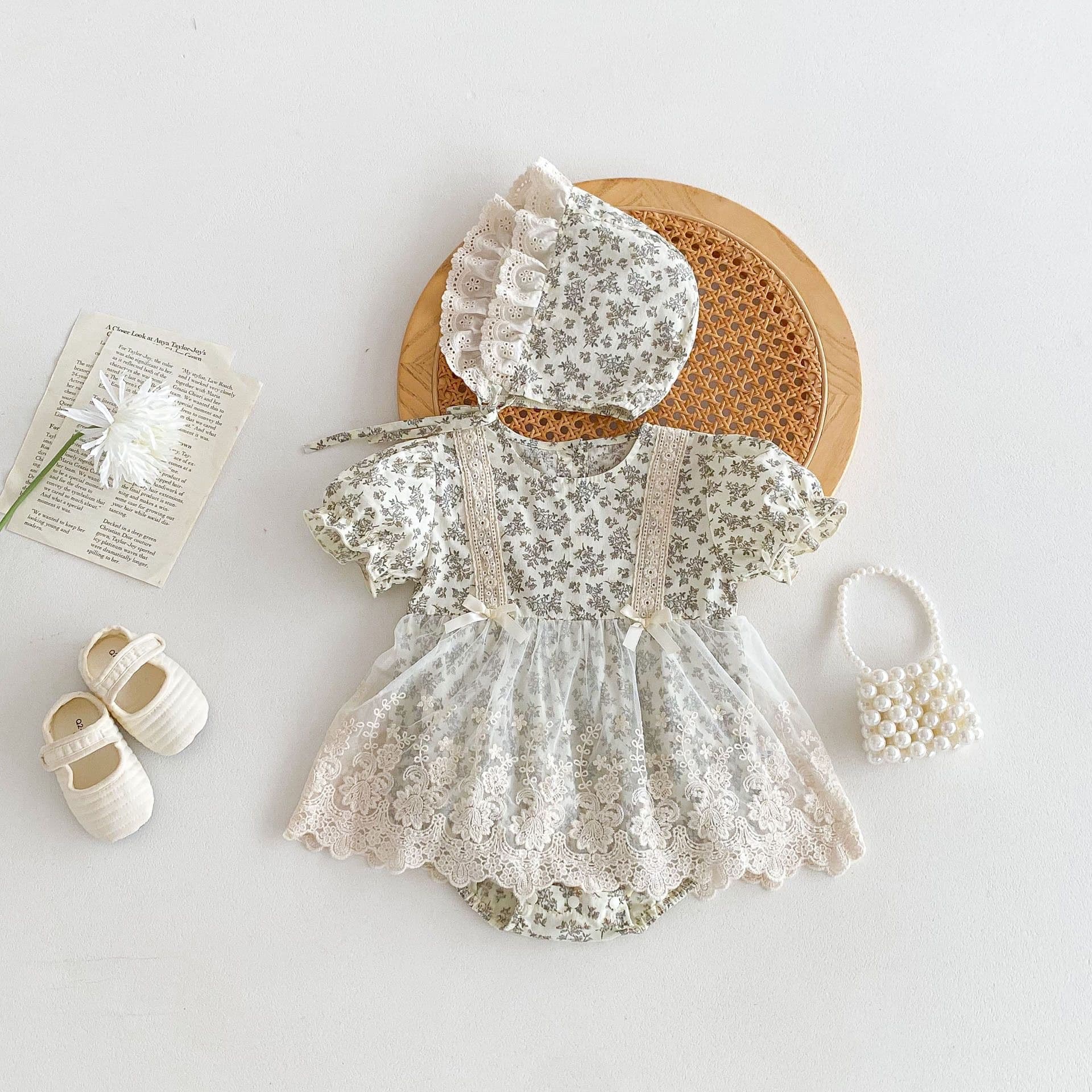 INS Summer Princess Baby Bag Fart Clothes for Baby Girls Short-Sleeved Lace Floral Harness Newborn One-Year-Old Princess Dress