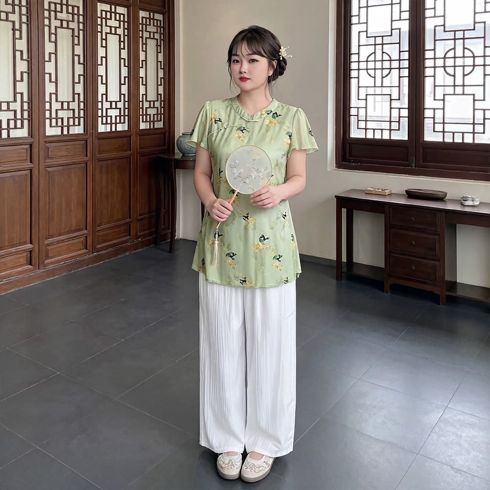 130-320 lbs Plus Size Women's Chinese Style Top and Pants Summer Plus Size Mother's Casual Home Two-Piece Set