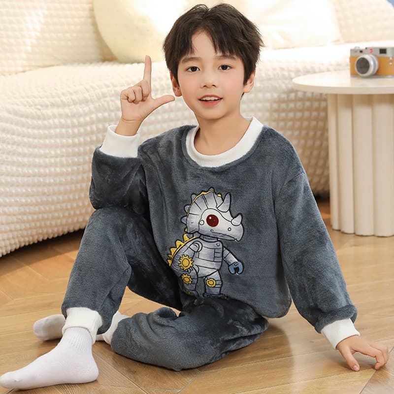 Flannel Children's Pajamas Set Autumn and Winter Fleece-Lined Thickened Home Clothes for Boys and Girls, Medium and Large Children's Thermal Intimates Set