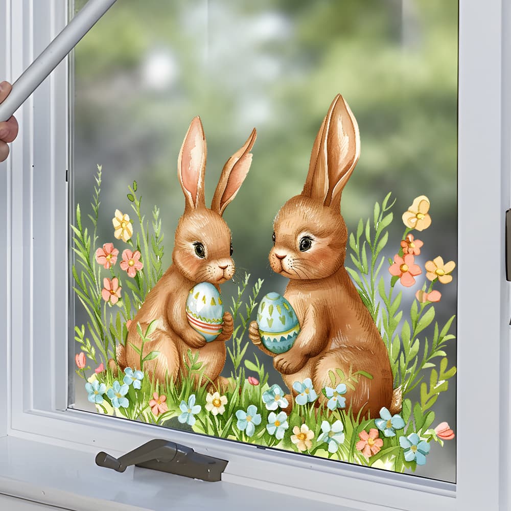 AD34254 Fully Transparent-Pastoral Grassland Double Rabbit Easter Egg Window Sticker Home Window Decoration Sticker