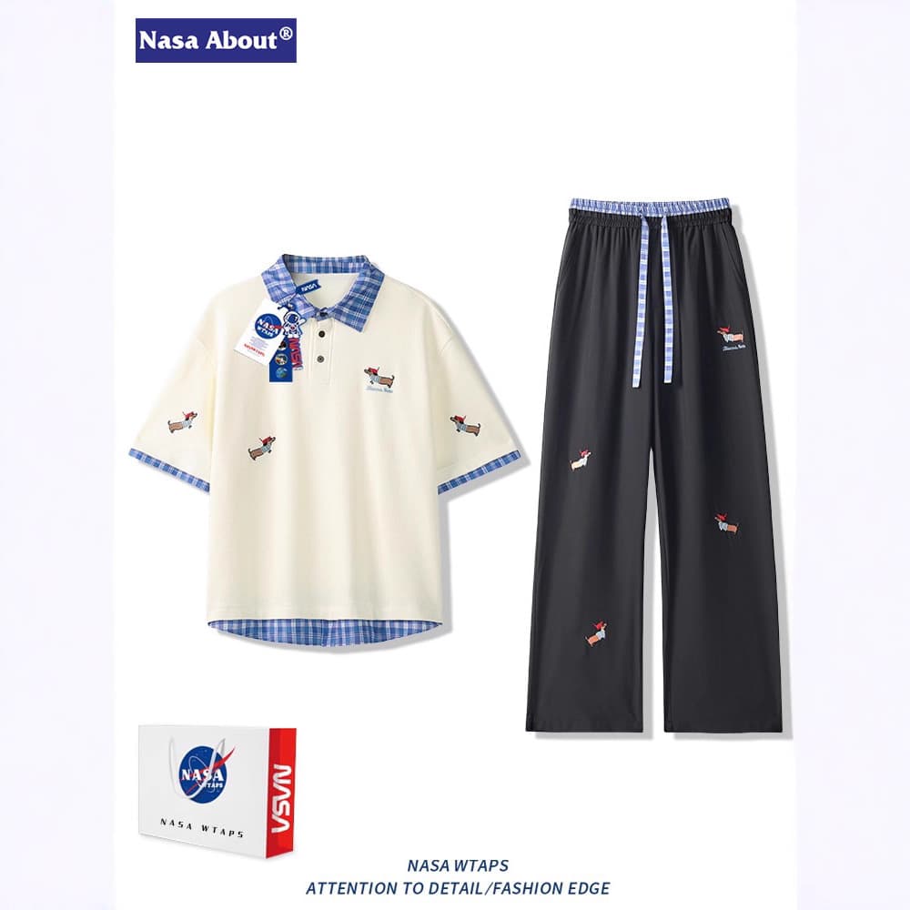 Trendy Brand Dachshund Short-Sleeve Long Pants Set Men's Summer Ice Silk Polo Shirt and Pants Two-Piece Set