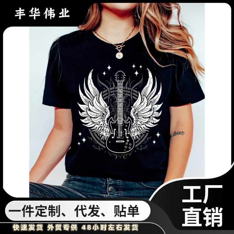 Guitar Wings Print Sports T-Shirt Round Neck Short Sleeve Sports Shirt Sportswear for Women Harajuku Goth Tops