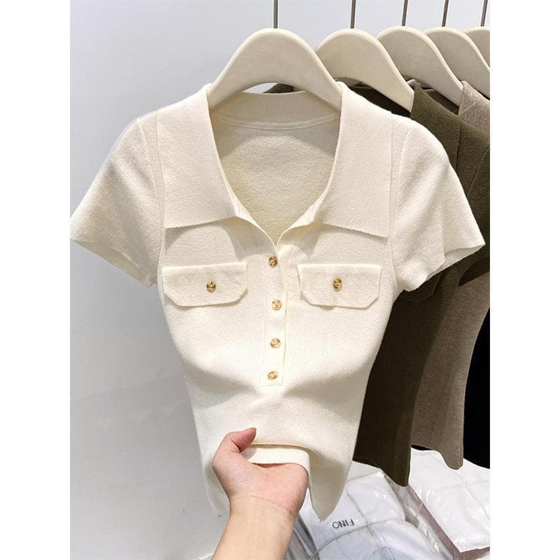 Xiaoxiang style collared wool sweater women's short-sleeved 2025 summer new style foreign style slim short short top for little people