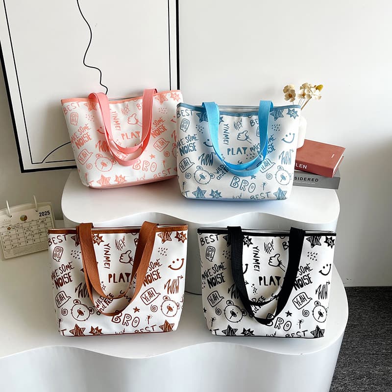 Large-Capacity Tote Bag, Cute Cartoon Print Shoulder Bag, 2025 Summer New Sweet Literary Style Armpit Bag