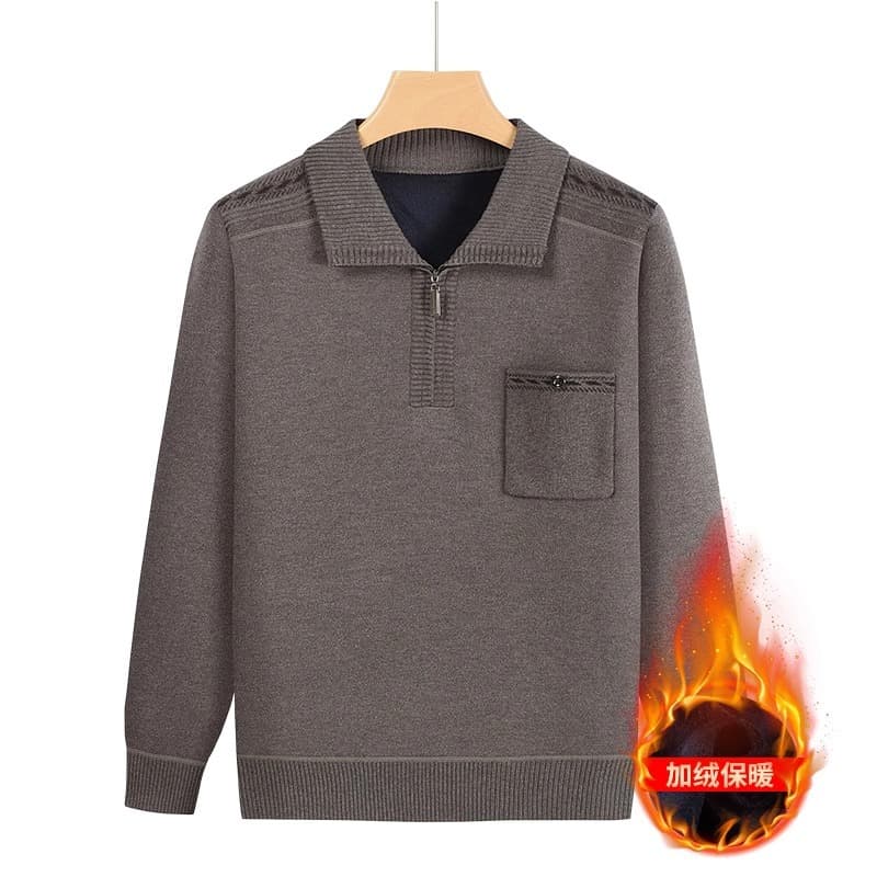 Source factory father winter knitwear men's middle-aged and elderly sweaters fleece-lined and thickened base layer with pockets