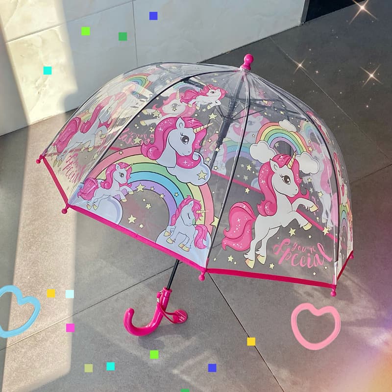 New Colorful Unicorn Transparent Rain Umbrella for Ages 3-8, Cute Cartoon Long-Handle Thickened Automatic Korean Ins Style