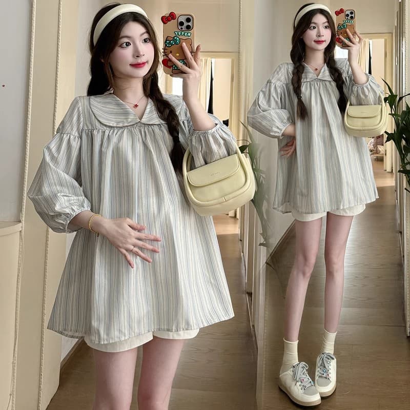 New 2025 Autumn Peter Pan Collar Blouse Maternity Top Korean Style Slimming Elegant Plus Size Mid-Length Internet Celebrity Trendy Mom
