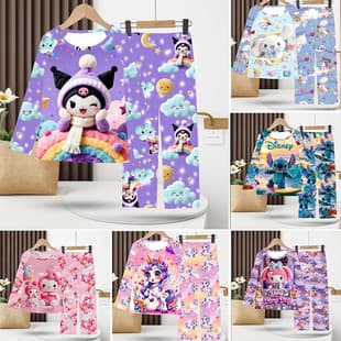 Cross-Border Spring/Autumn Kids Round Neck Long Sleeve Long Pants Set Cartoon Print Milk Silk Homewear Pajamas