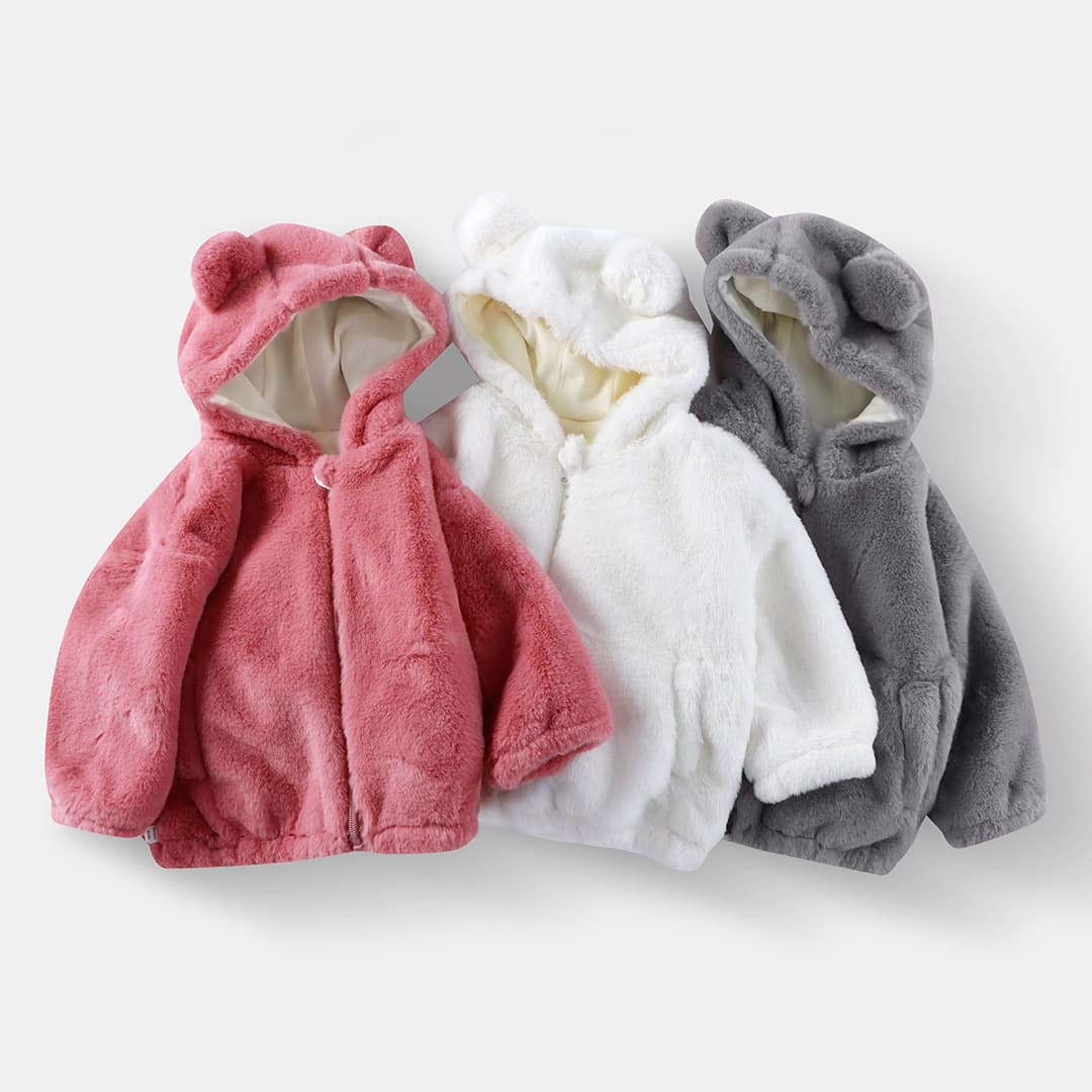 2025 New Style Children's Plush Jacket for Autumn and Winter - Export Children's Clothing - Ear-Ear Hooded Solid Color Zipper Versatile European and American Style Jacket