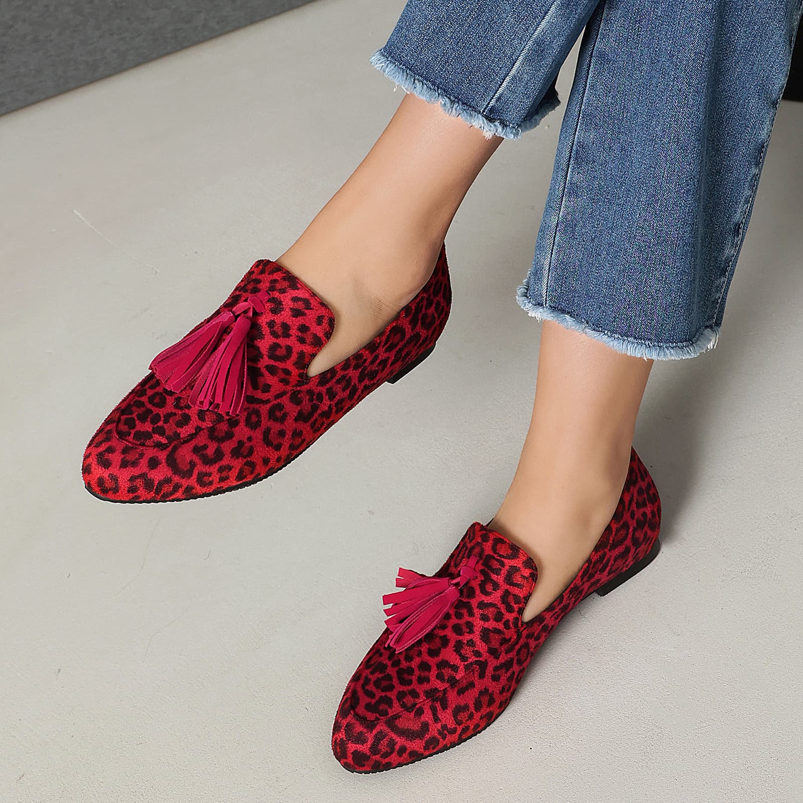 New Leopard Print Suede Tassel Flats Flat-Heeled Casual Shoes 40-48 Large Size Shoes Foreign Trade Supply