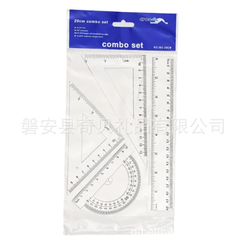 20cm Student Ruler Set 4-Piece Color Transparent Ruler Triangle Plate Protractor Cross-Border Stationery Supply Wholesale