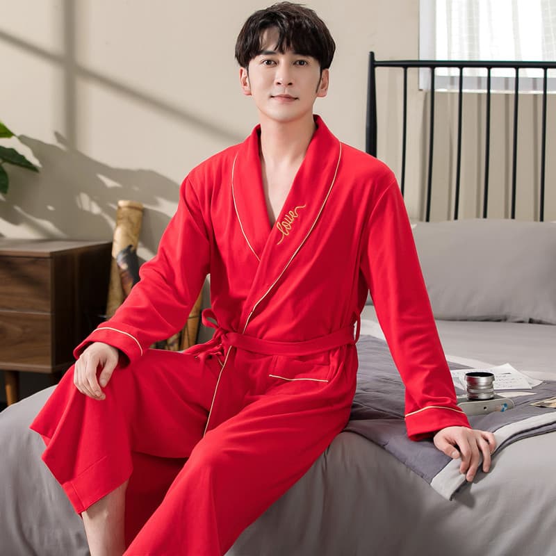 Men's Spring and Autumn Cotton Long-Sleeved Kimono Bathrobe Plus Size Sleepsuit Comfortable Bathrobe for Young Men