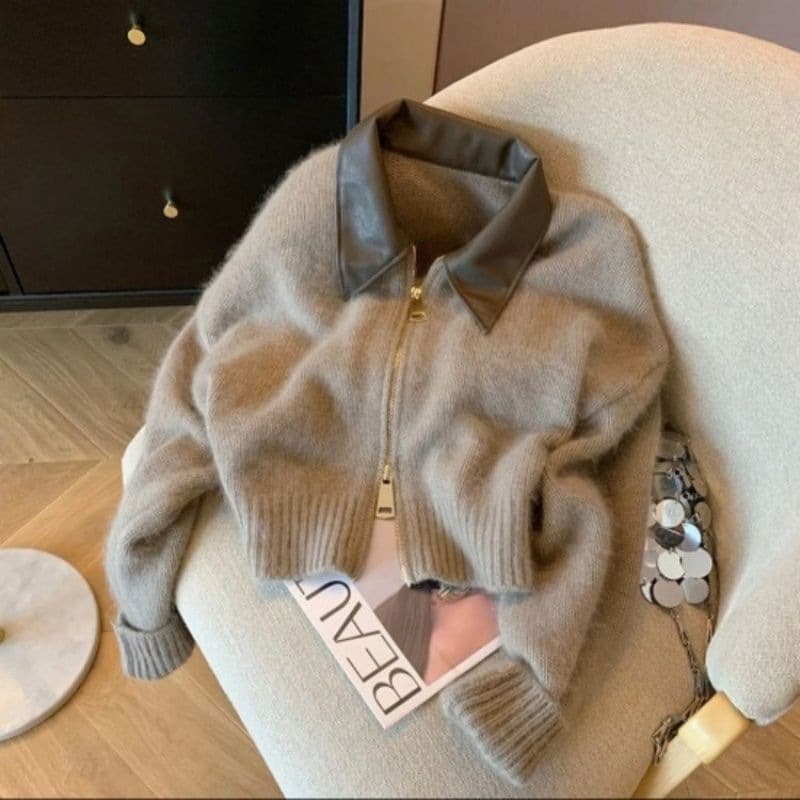 Lazy Style Solid Color Zip-Up Cardigan Design Sense Unique Sweater Top Knitwear Short Jacket Outerwear for Women