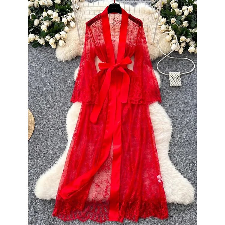 Sexy Lace Trim Robe Hollow Out Sheer Lingerie Women Morning Robe Outerwear Homewear Wholesale