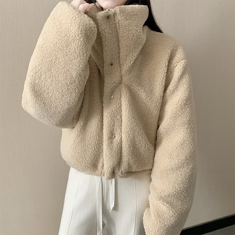Short Women's Jacket Korean Style Turn-down Collar Faux Lamb Wool Cotton Coat Loose Reversible Long-sleeve Puffer Jacket Winter Outerwear