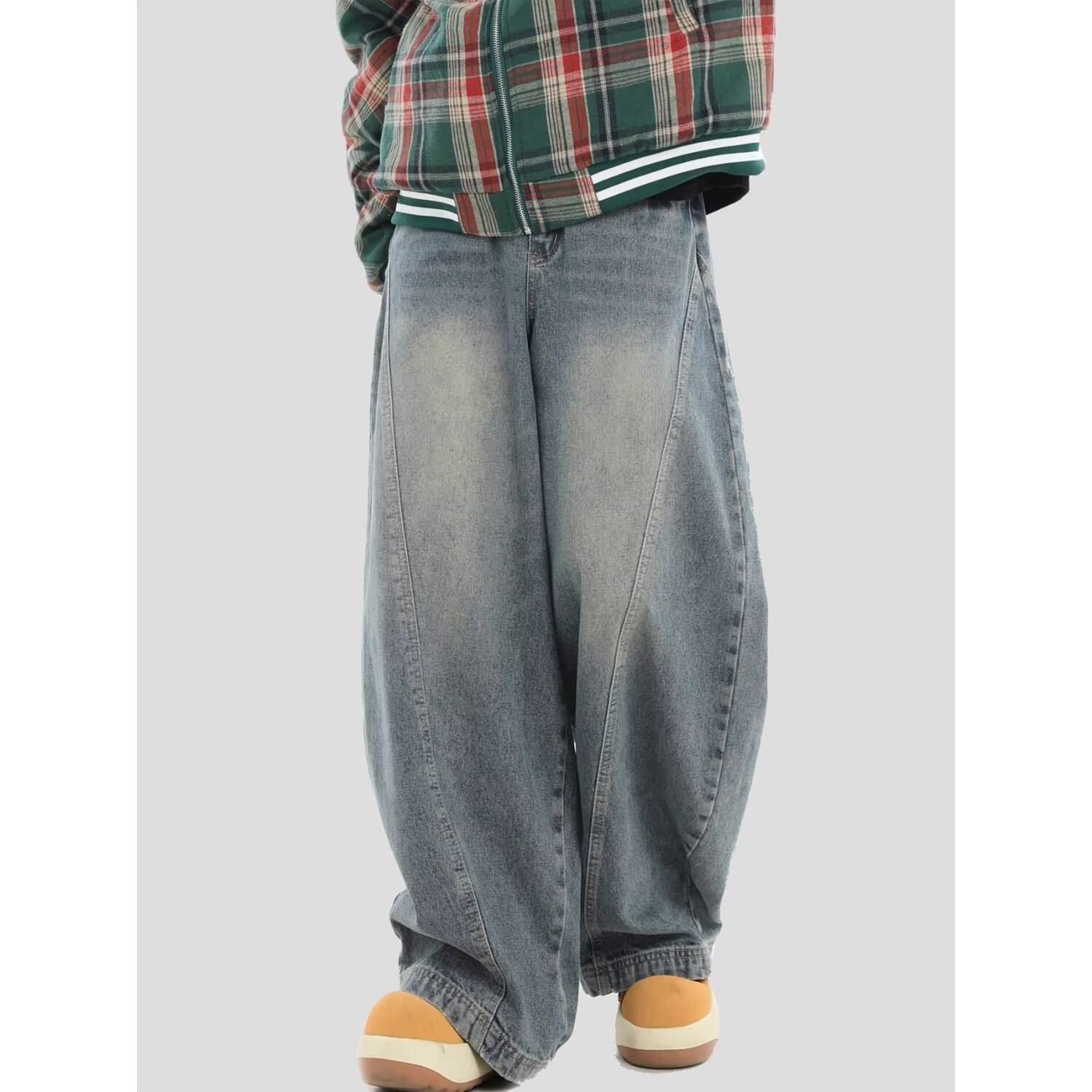 Chinese Retro Original American Vintage Patchwork Washed Denim Jeans Loose Straight Wide Leg Casual Long Pants Curved Knife Jeans
