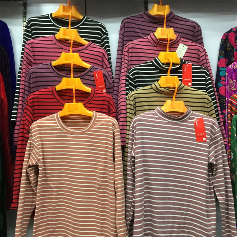 Middle-Aged and Elderly Autumn/Winter German Fleece Striped High Neck/Low Neck Top, Mom's Base Layer Long Sleeve T-Shirt for Market Stalls