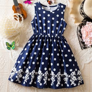 Girls Navy Blue Polka Dot Sleeveless Dress, Fitted Waist with Flared Bow Skirt, Sweet Everyday Dress for Children Wholesale