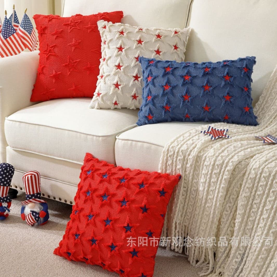 Cross-border Independence Day Throw Pillow Cover Pentagram Cushion Holiday Party Decoration Red Sofa Quilted Plush Wholesale