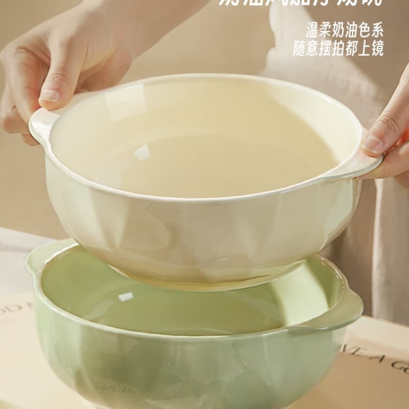 Cream Style Double Ear Soup Bowl Large Size 2025 New Ceramic Large Bowl Noodle Bowl Ramen Bowl Soup Bowl
