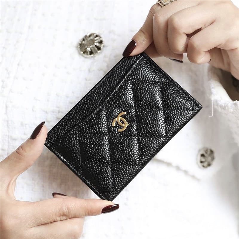 Genuine Leather Card Holder for Women, Chanel-Style Diamond Pattern, Caviar Texture, Ultra-Thin, All-in-One for Business Cards, Coins, and IDs, Minimalist Design